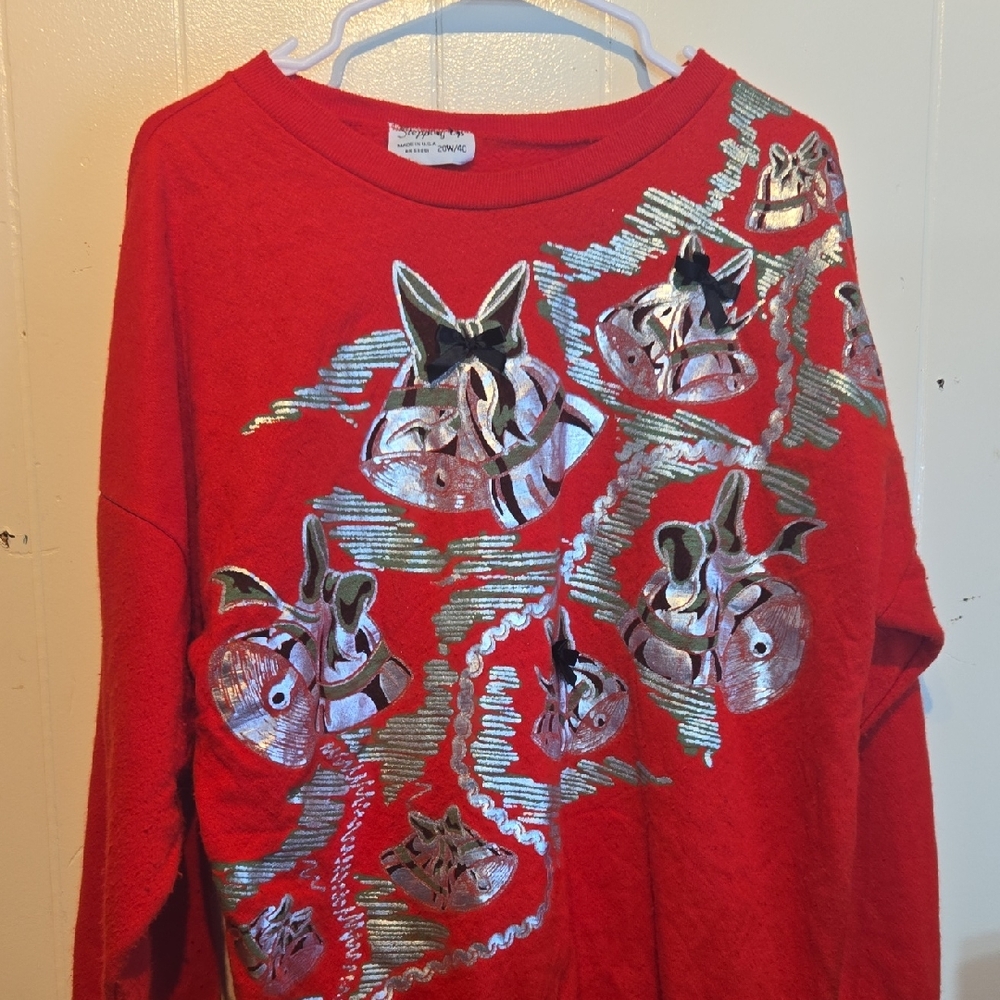 Vintage Steppin Up Made In U.s.a Chic Red Sweater with Silver Design